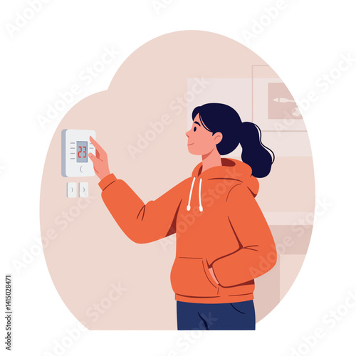 Young woman adjusting digital thermostat on wall in casual orange hoodie flat style vector illustration