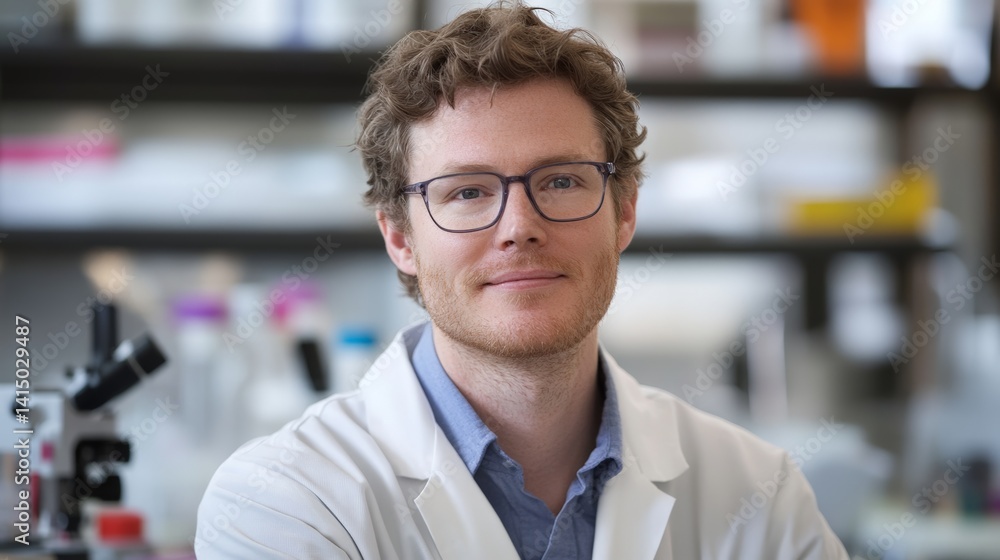 Caucasian male scientist in laboratory setting, wearing glasses and lab coat Caucasian male scientist in laboratory setting, wearing glasses and lab coat