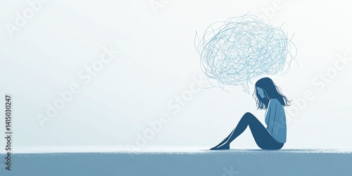 Young woman sitting with tangled thoughts in a calm, minimalistic setting during daylight
