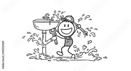 Happy Plumber Fixing Leaky Sink Plumbing Repair Cartoon