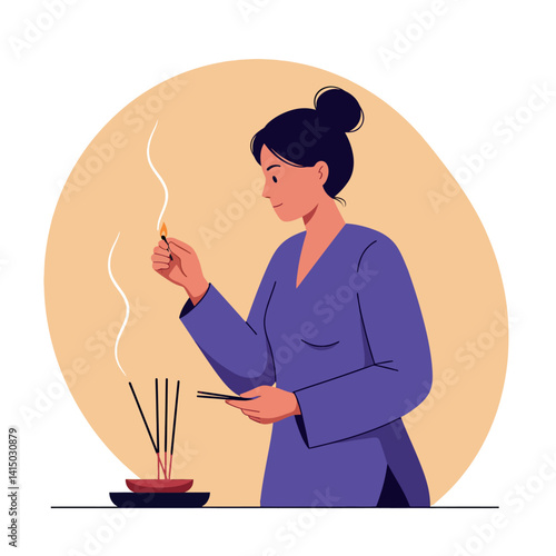 Woman lighting incense sticks with focused expression in minimal flat style vector illustration