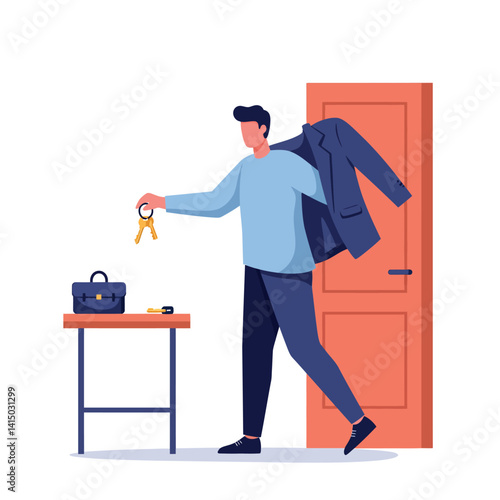 Man holding keys with coat over shoulder near table and open door in minimal flat style vector illustration