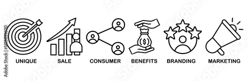 USP icon set vector illustration concept for unique sale proportion with icon of unique, sale, consumer, benefits, branding, and marketing
