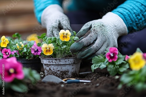 Gardening enthusiasts plant colorful flowers in pots during a sunny afternoon in a beautiful backyard