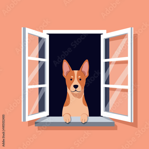 Basenji dog with alert ears looking through open window in flat minimal style vector illustration