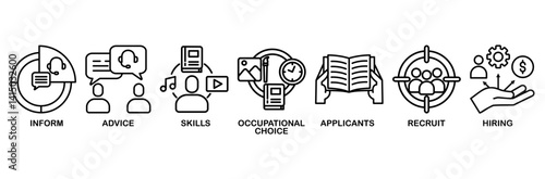 Job fair icon set vector illustration concept for employee recruitment and onboarding program with an icon of the information, advice, skills, occupational, applicants, recruit, and hiring