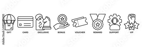 Loyalty program icon set vector illustration concept with icon of gift, card, exclusive, bonus, voucher, reward, support, vip