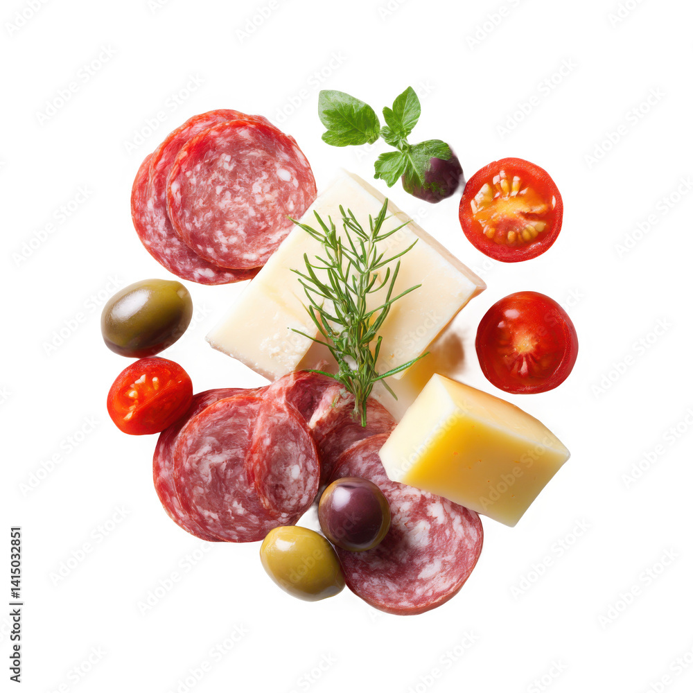 Aerial view of salami slices cheese cubes tomatoes olives and basil garnish Aerial view of salami slices cheese cubes tomatoes olives and basil garnish
