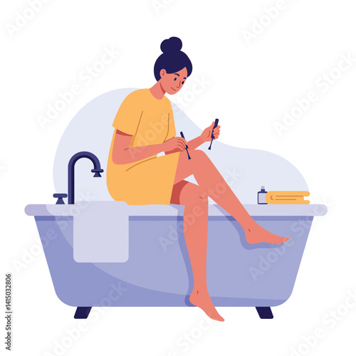 Young woman in yellow dress sitting on bathtub edge applying nail polish flat design vector illustration