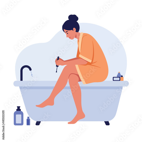 Woman in orange robe painting toenails sitting on white bathtub edge flat style vector illustration