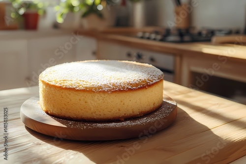 Cake with icing on a wooden plate