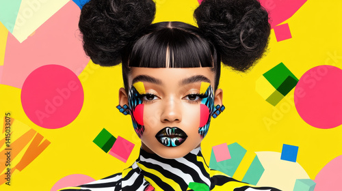 Weird hairstyles, A person with zigzag bangs and cube buns in a flat illustration style.