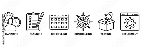 Release management icon set vector illustration concept with icon of managing, planning, scheduling, controlling, testing and deployment