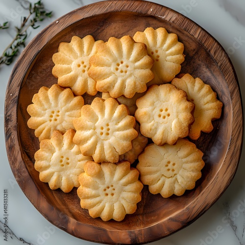 Freshly baked cookies on a wooden plate.