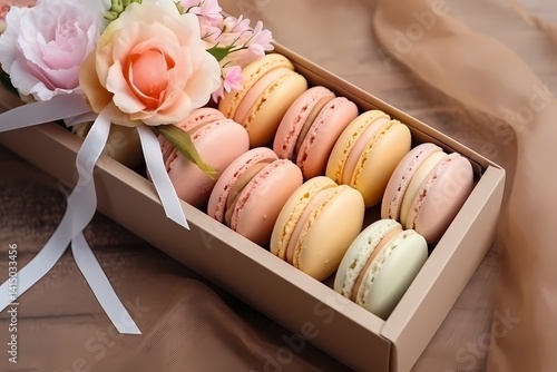 colorful macaroons on wooden background.