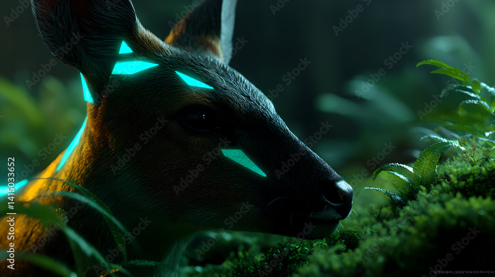 Glowing Teal Deer in Dark Forest