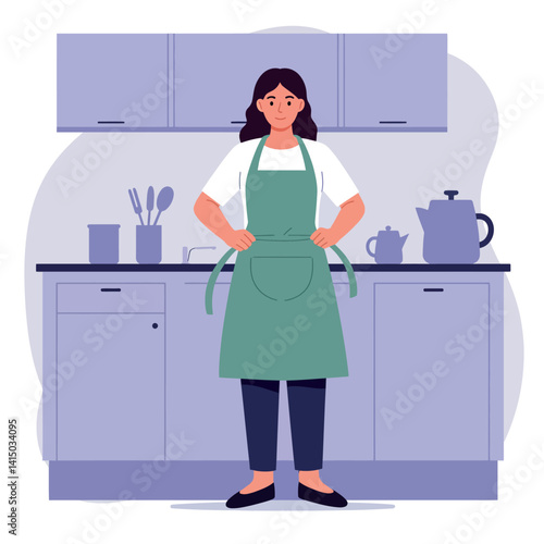 Woman standing confidently in kitchen wearing green apron flat design digital art vector illustration