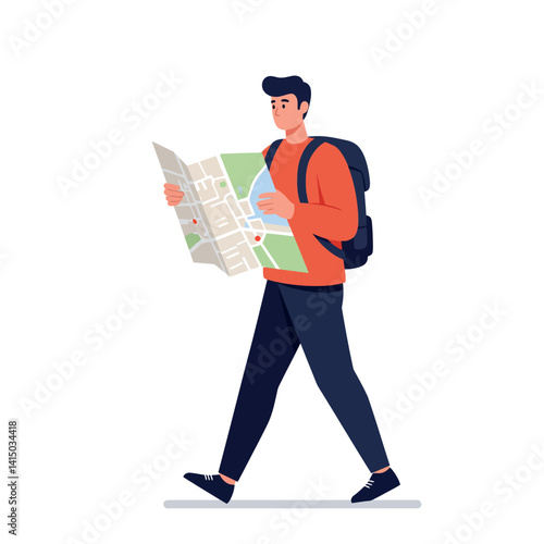 Young male traveler with backpack walking and reading map in minimal flat design vector illustration