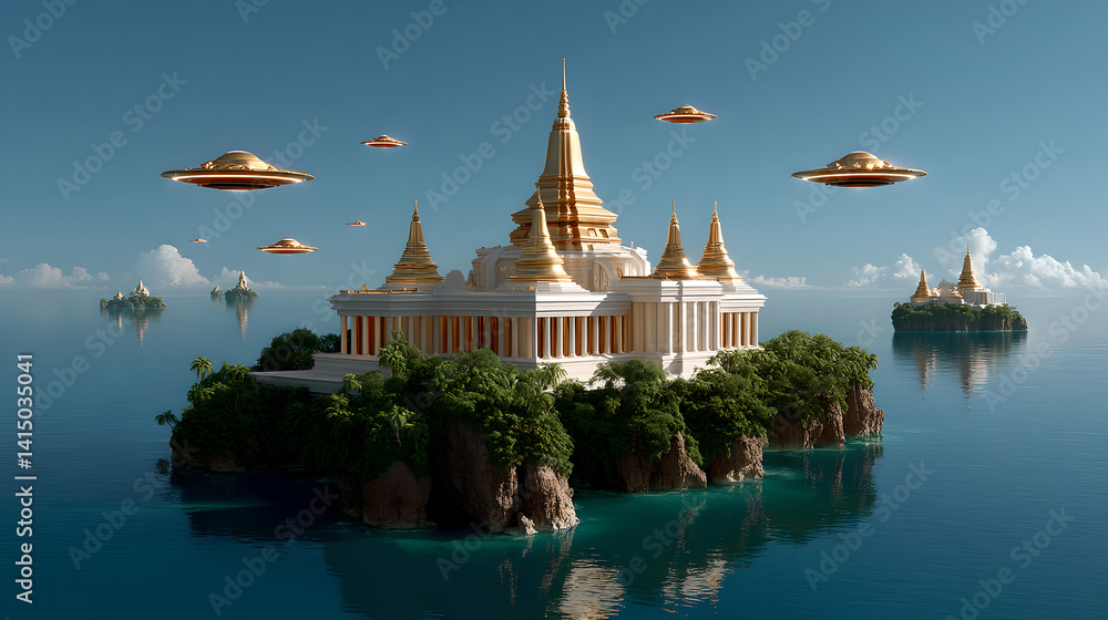 Golden Temple on Tropical Island with Flying Saucers