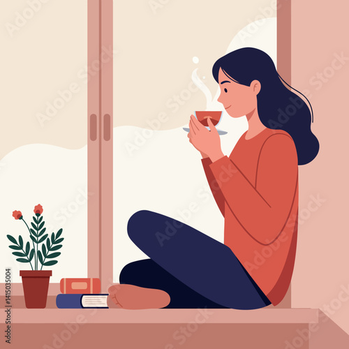 Young woman with long dark hair wearing red sweater sitting by window drinking coffee in flat minimal vector art
