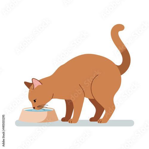 Brown cat drinking water from a bowl in a simple flat design style vector illustration