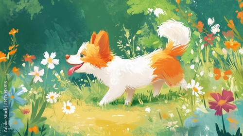 Fototapeta Naklejka Na Ścianę i Meble -  A playful dog frolics among colorful flowers in a vibrant, whimsical garden scene. Watercolor 