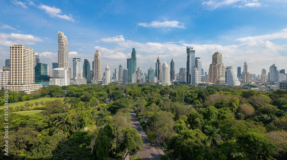 Fototapeta premium City park and modern skyline in harmony with nature and urban life