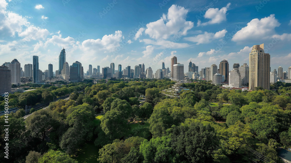 Fototapeta premium Downtown skyline and sustainable public park in a green environment
