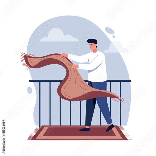 Man cleaning and shaking a brown rug on balcony in flat style vector illustration