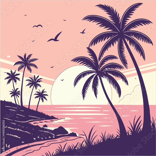 Tropical Beach Sunset Palm Trees Vector Scene