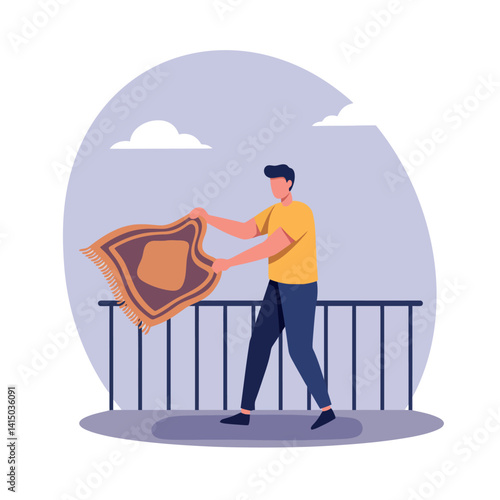 Man in yellow shirt shaking patterned rug outdoors near railing with minimal flat design vector illustration
