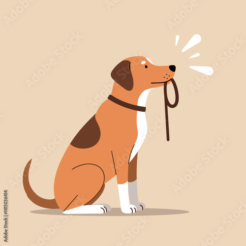 Brown and white dog holding leash in mouth sitting patiently in minimal flat style vector illustration