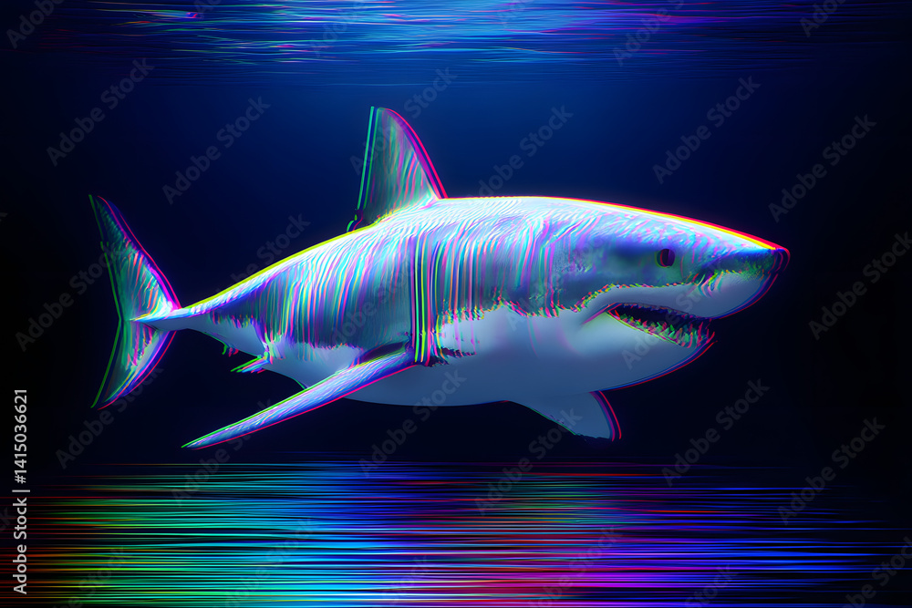 Obraz premium Shark with 3d glitch effect, fish retro background