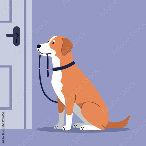 Brown and white dog sitting patiently holding leash in mouth by closed door flat style vector illustration