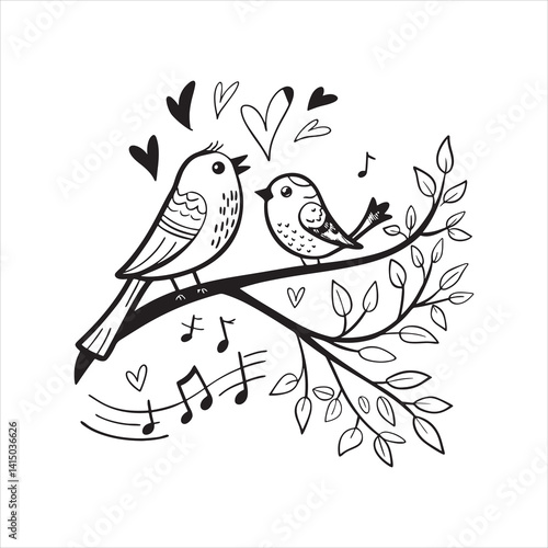 Two Birds on Branch Love Theme Vector Outline