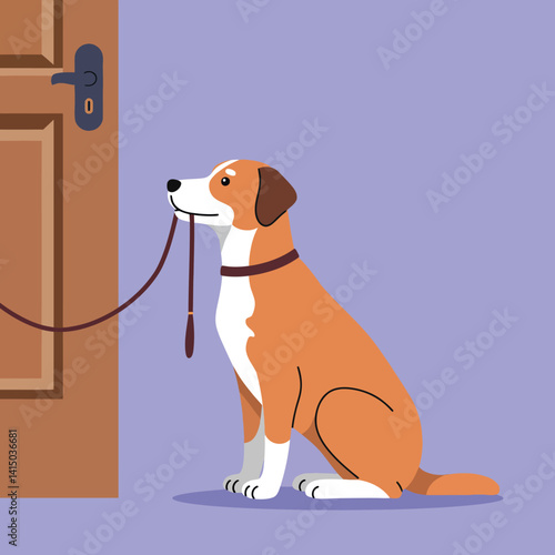 Brown and white dog holding leash in mouth waiting by closed wooden door flat minimal vector illustration