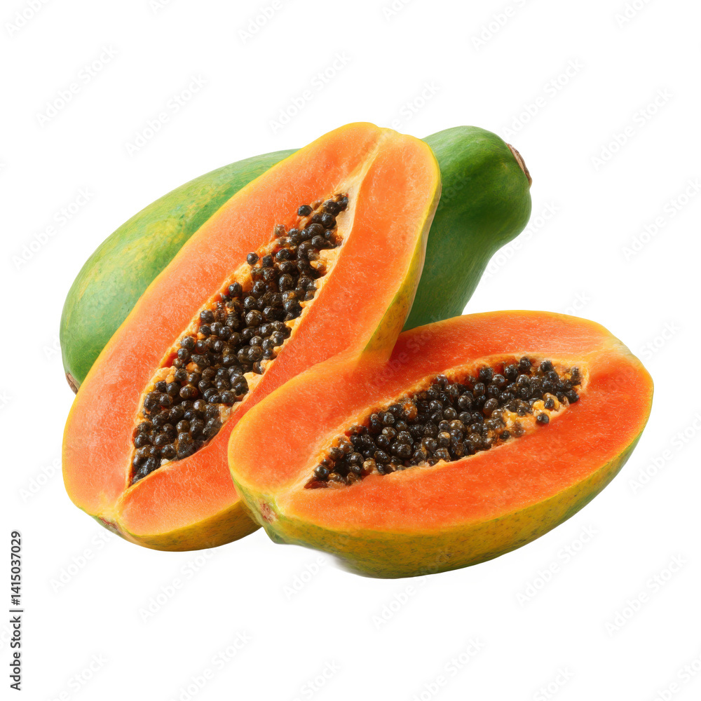 A halved papaya and a whole papaya on a plain setting showing the seeds inside A halved papaya and a whole papaya on a plain setting showing the seeds inside