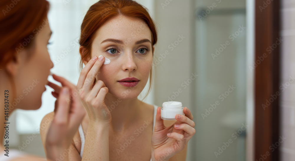 Radiant Beauty: Redhead Applying Eye Cream for Flawless Skin & Anti-Aging, Fresh Face Glow! Radiant Beauty: Redhead Applying Eye Cream for Flawless Skin & Anti-Aging, Fresh Face Glow!