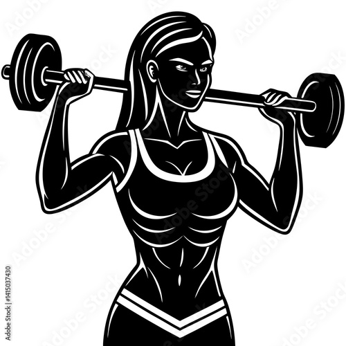 Line art vector silhouette of a woman person doing a barbell curl, with a barbell held in front, arms bent