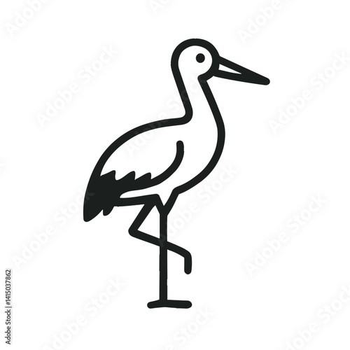 日本の象徴的な鳥「コウノトリ（こうのとり）」を描いたミニマルな黒のラインアイコン。長寿、幸運、保護鳥を象徴