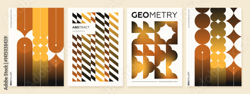 Postmodern geometric vertical banner set. Abstract composition with vector shapes in brutalism aesthetics. Mosaic of brutal figures in trendy color retro. Futuristic cards with modernist ornament