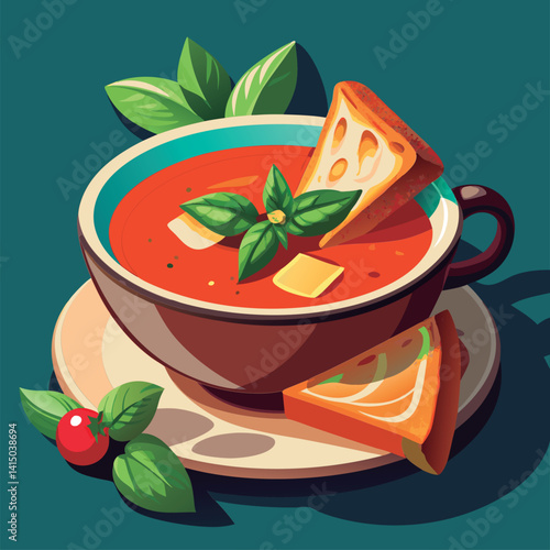 Hearty tomato soup with toasted croutons.