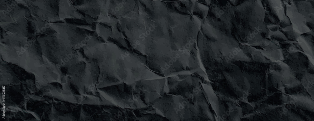 Fototapeta premium Dark black background with a crumpled texture. The black background adds a dramatic, textured effect. Paper texture background vector. Black background.