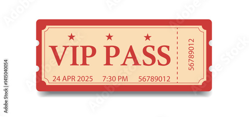 VIP pass ticket vector flat in vintage style, with tear-off line, simple style, red beige cream color palette