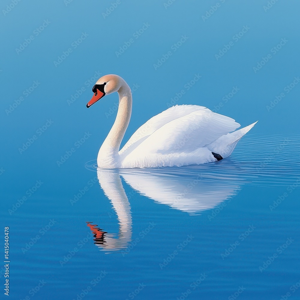 Fototapeta premium Elegant White Swan Floating on Still Blue Water