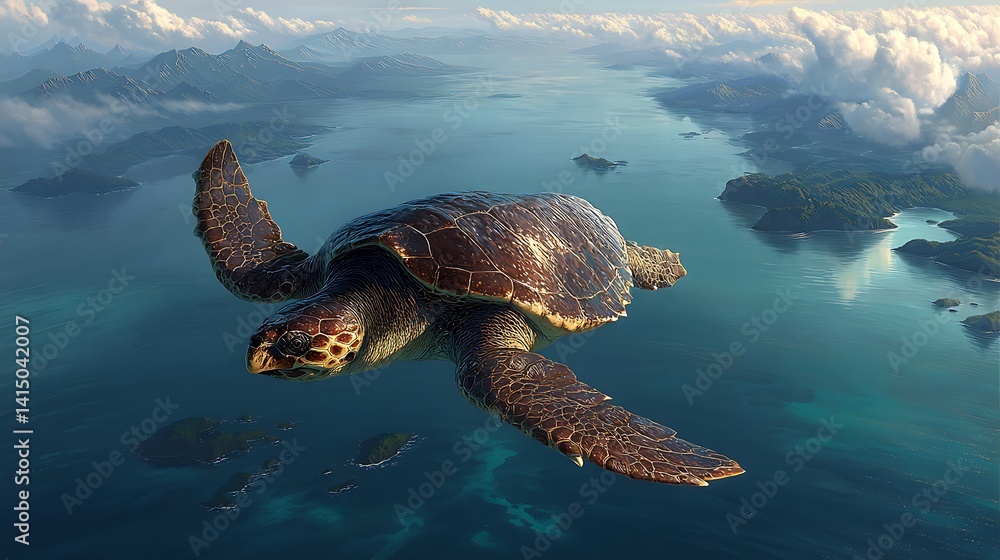 Obraz premium Sea turtle soaring over islands