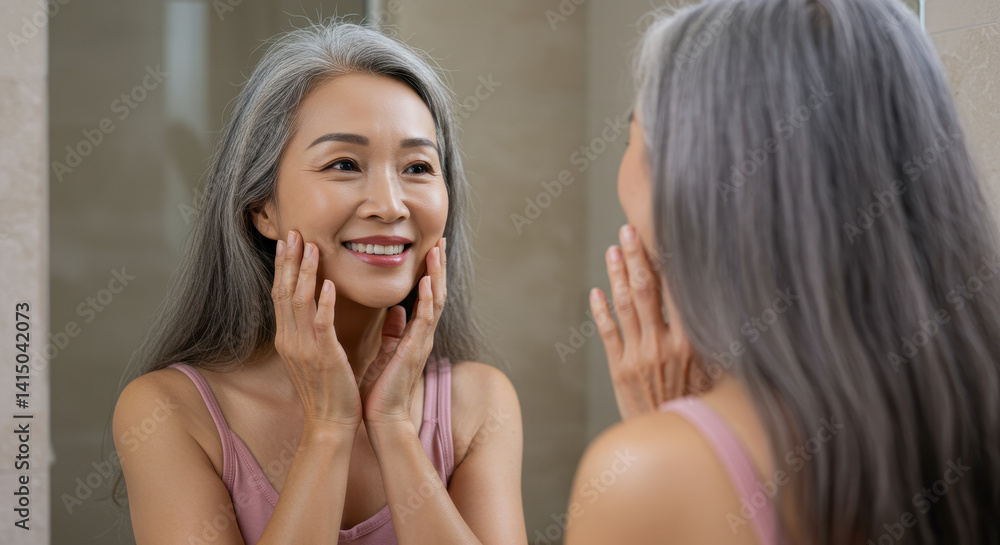 Ageless Beauty: Radiant Asian Woman with Silver Hair Admiring Her Glowing Skin in the Mirror, Self-Care & Confidence Ageless Beauty: Radiant Asian Woman with Silver Hair Admiring Her Glowing Skin in the Mirror, Self-Care & Confidence