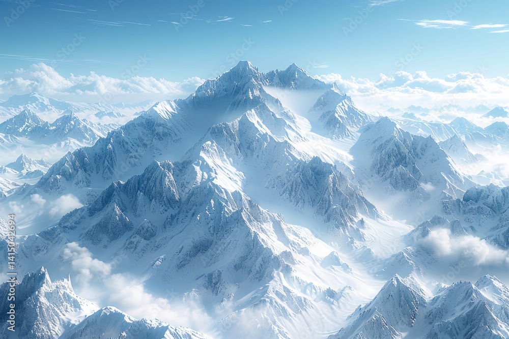breathtaking mountain range with snow-capped peaks under a clear blue sky
