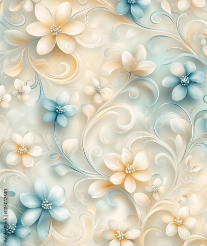Elegant digital floral swirls in soft pastels create a whimsical seamless pattern for sophisticated decor and design elements