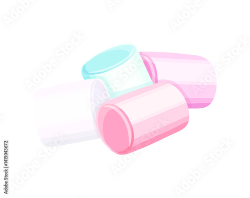 Fluffy tasty marshmallows in cartoon style. Vector illustration of marshmallows in turquoise, white, pink, purple colors isolated on white background. Marshmallows for desserts, hot chocolate.